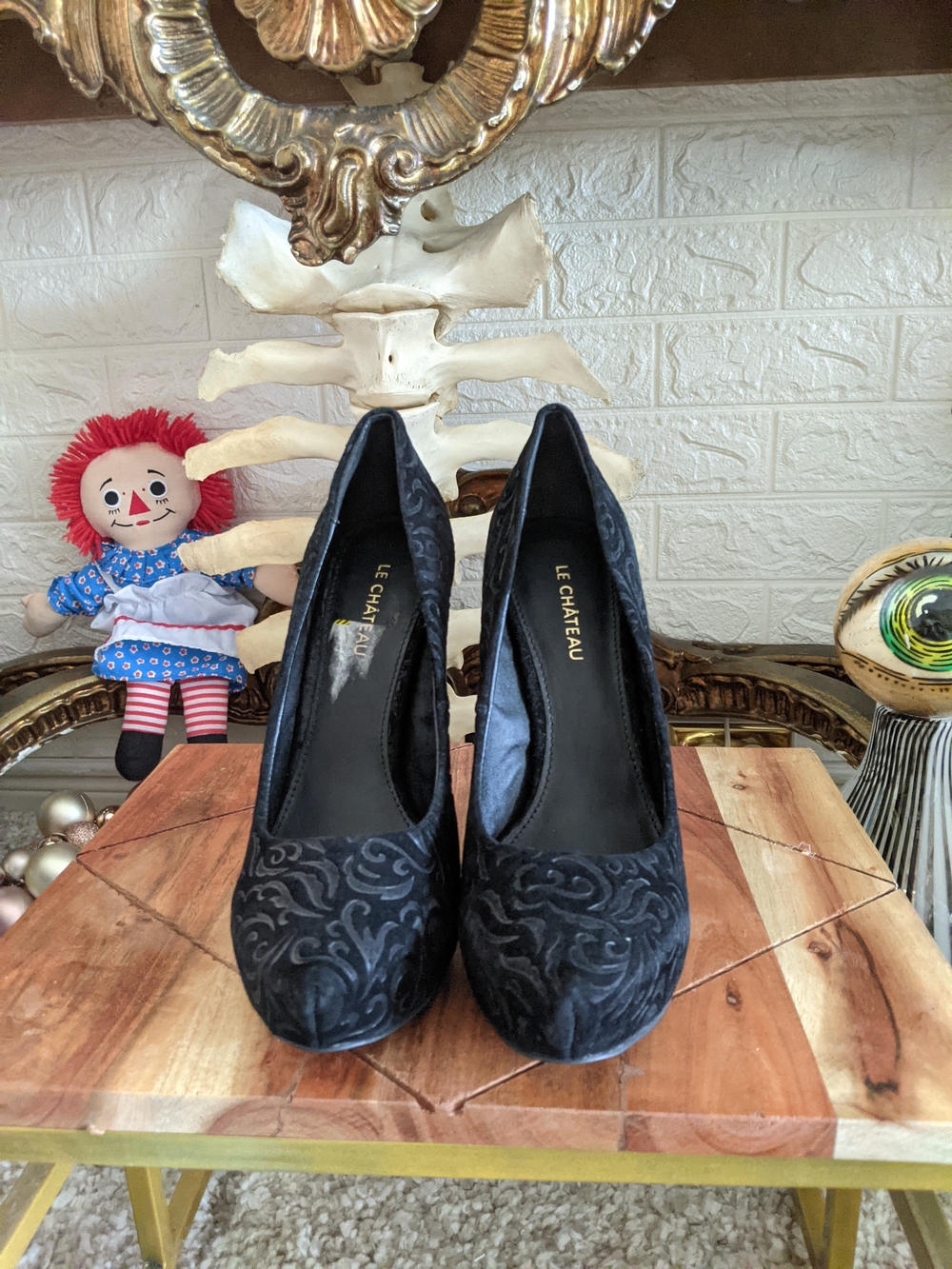 le chateau Black Velvet Embossed Heels